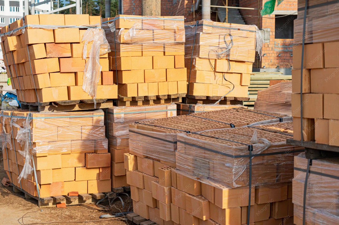 Palette de matériaux de construction en fin de chantier prête à être donnée